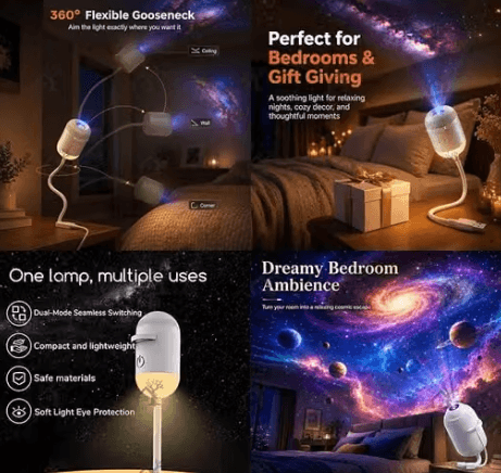7 Slide Galaxy Projector Night Light with 6 Sliding Projection Films, Adjustable Brightness 360° Rotating Design and USB Power for Car and Bedroom Decoration for Adults and Kids (7 Slides) - Image 2
